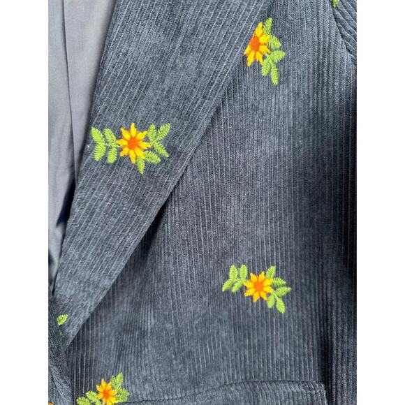 Listicle Floral Embroidered Corduroy Blazer Navy Blue L Boho Cottagecore preppy - Picture 5 of 7